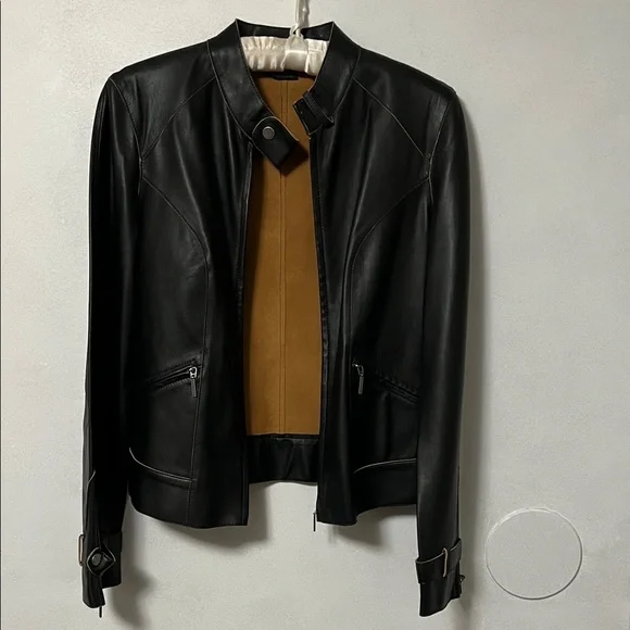 NWOT Tommy Hilfiger Black and Tan Leather Lightweight Jacket - Picture 1 of 11
